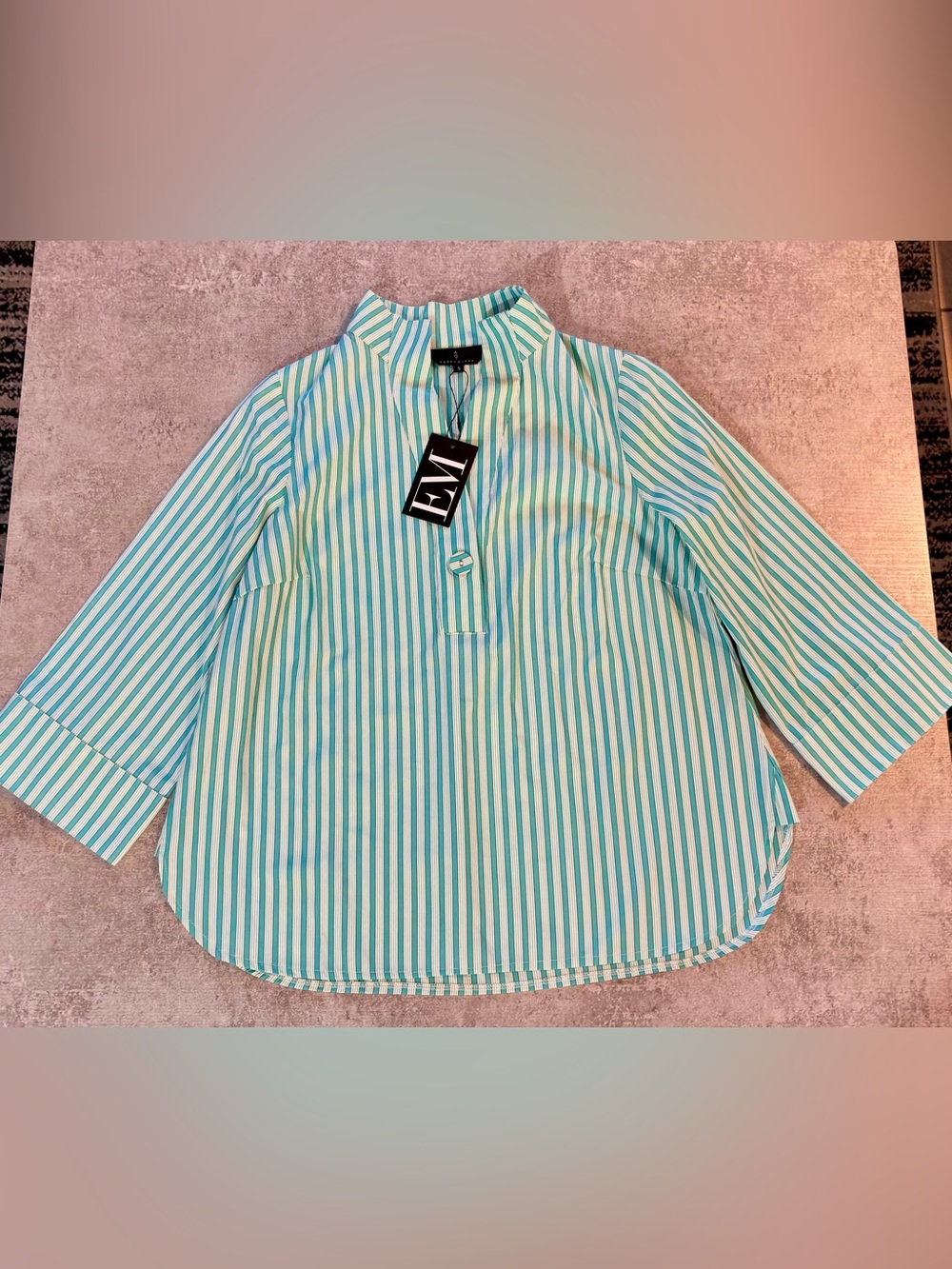 Striped Mandarin-Collar Tunic - Aqua/White Stripe